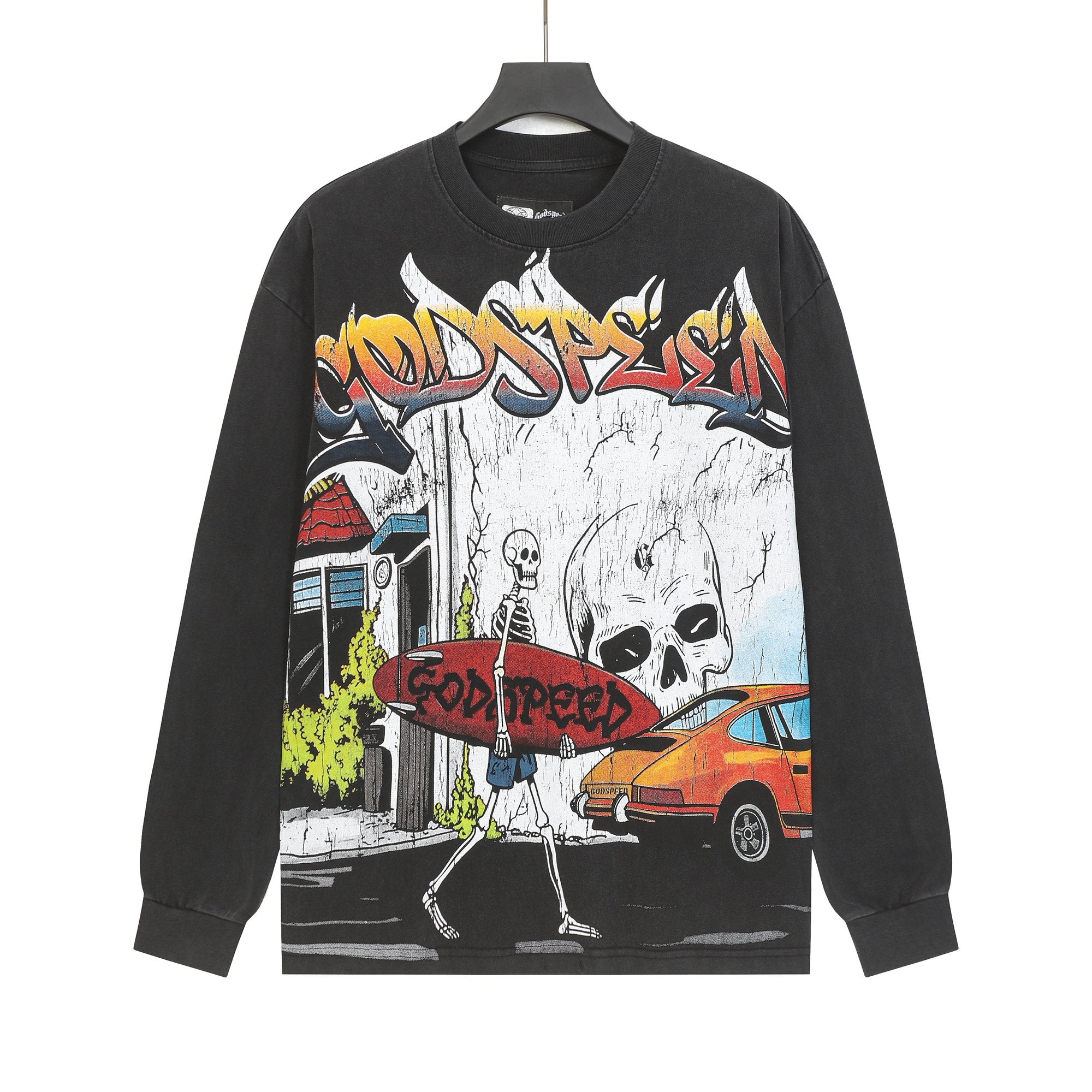 Godspeed Washed Black Skeleton Car Graphic Long-Sleeve T-Shirt — hero