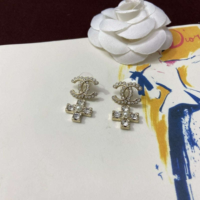 Chanel Cross Pearl & Diamond 18K Gold Earrings
