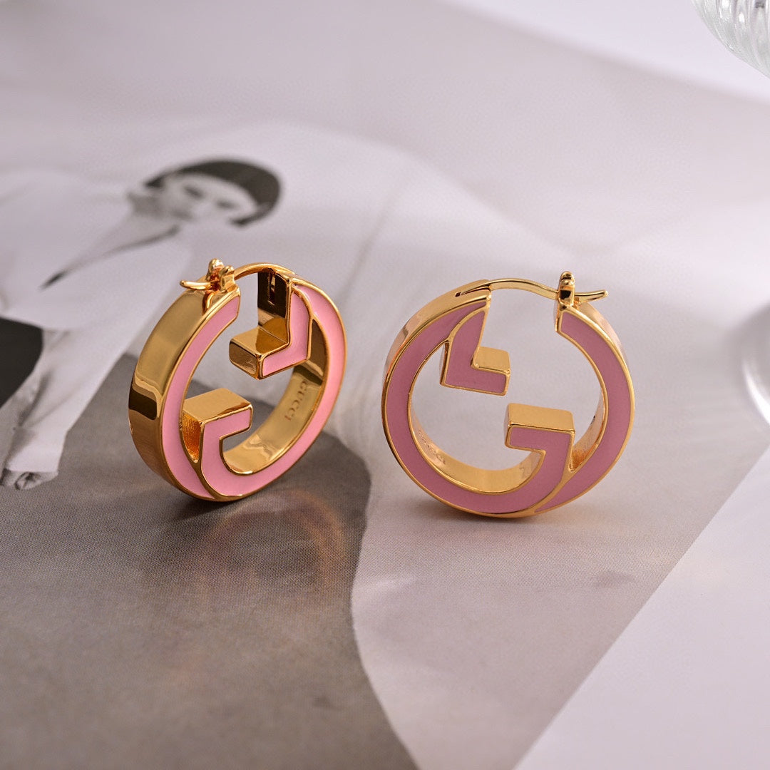 Gucci Double Pink Hollow 18K Gold Earrings