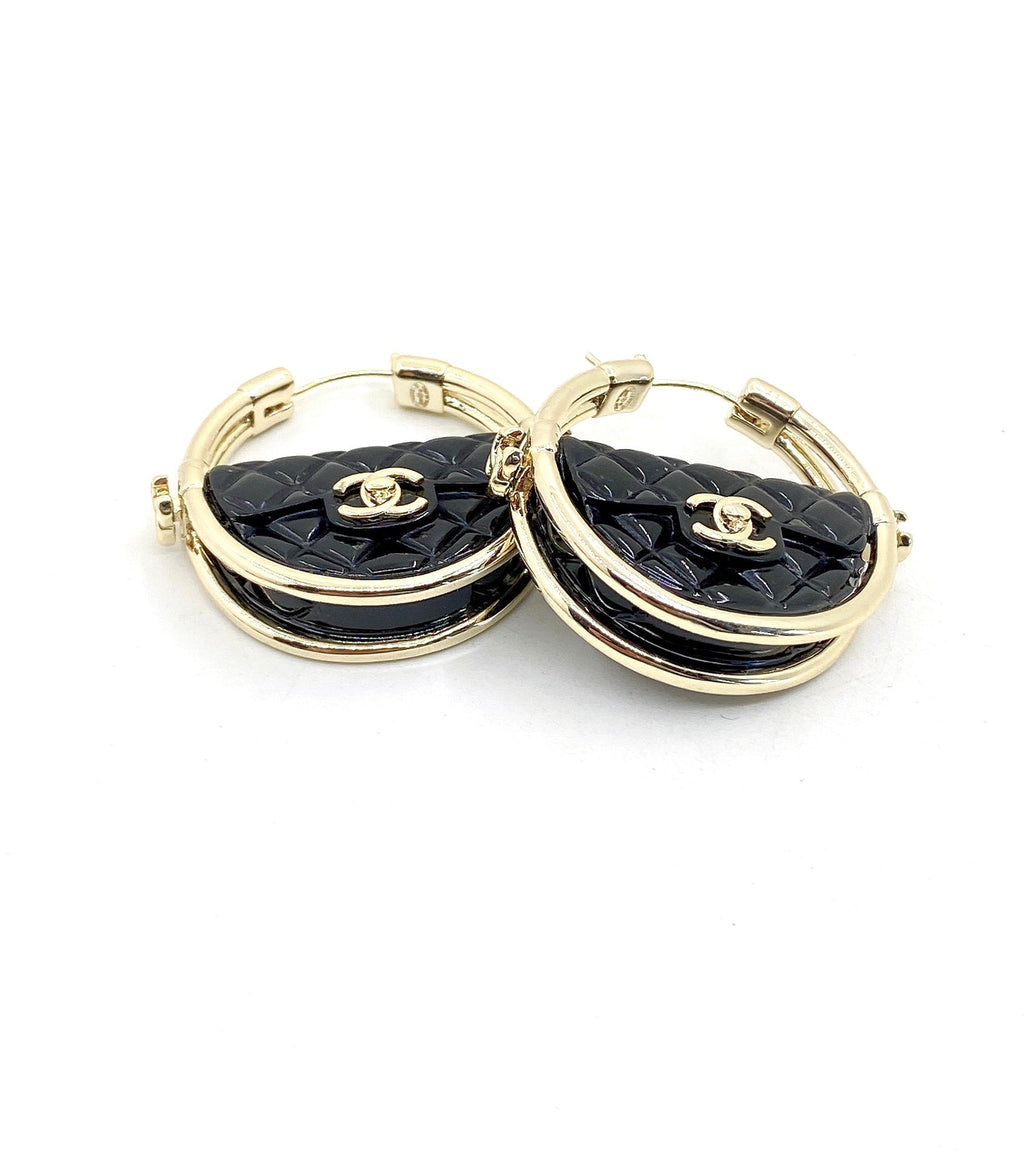 Chanel Black Bag 18K Gold Earrings