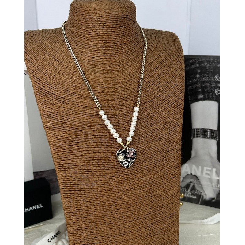 Chanel Pink & Black Heart Pearl 18K Gold Necklace