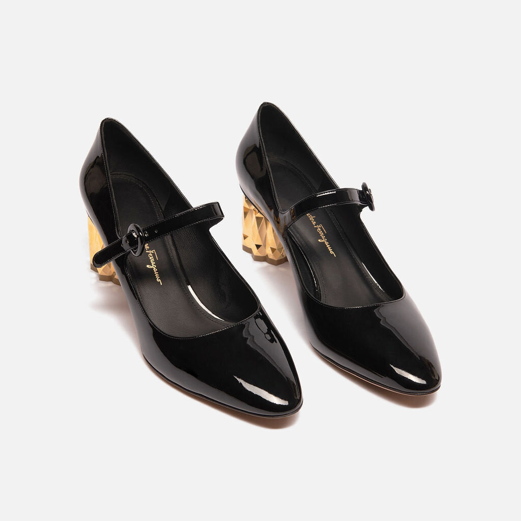 Ferragamo Black Patent Leather Mary Janes Shoes