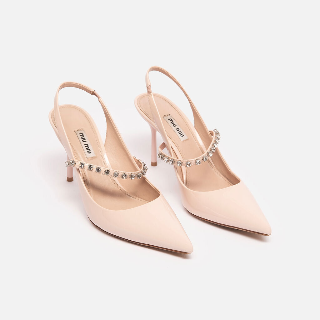 Miu Miu Pink Patent Leather Crystal Strap Slingbacks Shoes